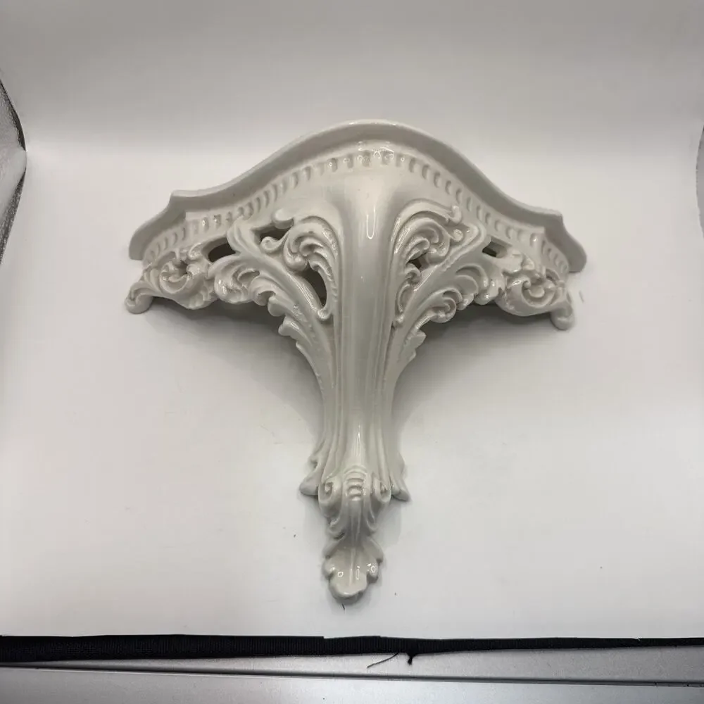 White Porcelain Wall Shelf With Detailed Baroque Style Corbels & Rope Border
